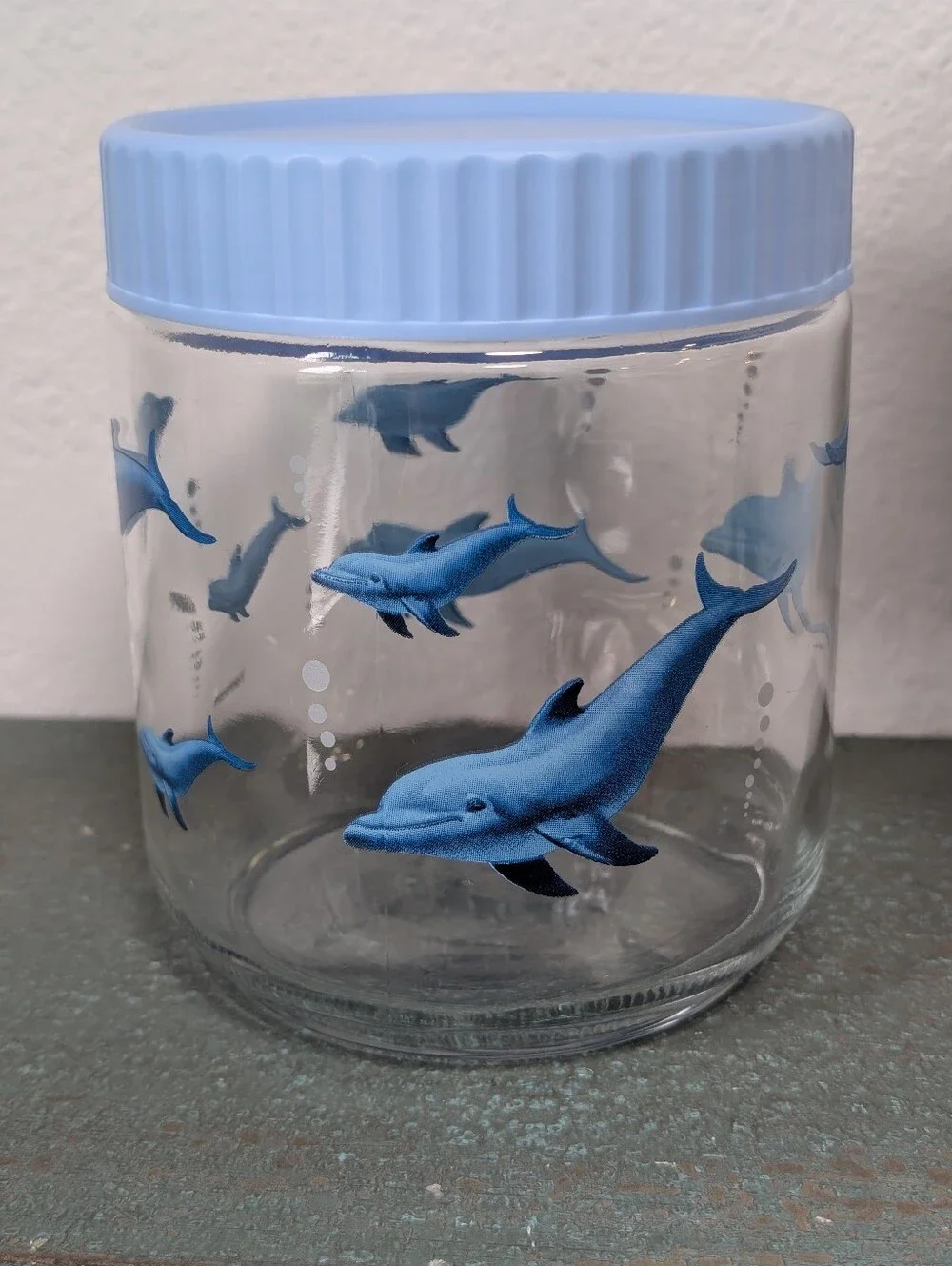 Windsor Blue Dolphins Clear Glass Screw On Lidded Storage Apothecary Candy Jar